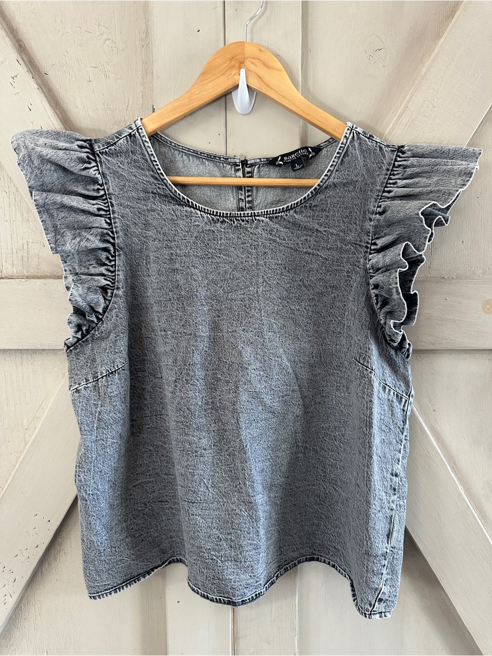 Nanette Lepore Gray Acid Wash Ruffle Sleeve Denim Top L